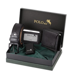 Polo Air Kutulu Erkek Spor Çakmak Kemer Cüzdan Kartlık Seti CM-08 (Siyah)