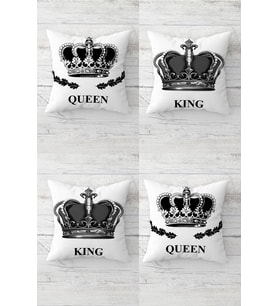 King and Queen Taç Desenli Gizli Fermuarlı Kırlent Kılıfı Koltuk Yastık Kılıfı Takım(4ADET) (Siyah)