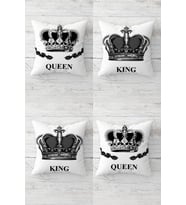 King and Queen Taç Desenli Gizli Fermuarlı Kırlent Kılıfı Koltuk Yastık Kılıfı Takım(4ADET) (Siyah)