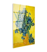 Tamperli Gerçek Cam Tablo Vincent van Gogh Mavi İrisler Sarı Fonlu Vazo Ressam Tablosu Dekoru