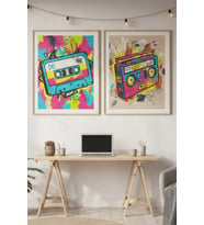 Kaset ve Müzik Seti 2’li Ahşap Çerçeveli Tablo Seti - Retro Pop Art Dekor