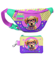 Coral High Kız Çocuk Sarı Pembe Sevimli Köpek Desenli Bel Çantası ve Bozuk Para Cüzdanı Set