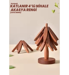 Pratik Katlanır Ahşap Nihale Seti, Ceviz Renk, 4'lü Standlı Bardak Altlığı