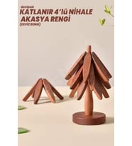 Pratik Katlanır Ahşap Nihale Seti, Ceviz Renk, 4'lü Standlı Bardak Altlığı