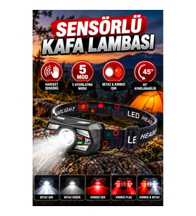 Hareket Sensörlü LED Kafa Lambası – 5 Modlu Kırmızı ve Beyaz Işık 45° Ayarlanabilir