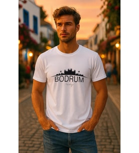 Erkek Bisiklet Yaka %100 Pamuk Bodrum Baskılı Kısa Kollu T-shirt