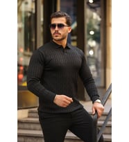 Erkek Saç örgü Desen Uzun Kollu Triko (Siyah)