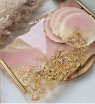 Altın Gümüş Varaklı Büyük Boy Söz Nişan Damat Epoksi Sunum Tepsi Bardak Altlığı Seti (Pembe)