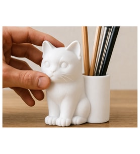 Alvera Kedi Figürlü Kalemlik – 3D Baskı Masaüstü Organizer - Beyaz