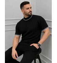 Erkek Fitilli Triko Dokuma Kısa Kol Tişört Yarım Boğaz Modern Yazlık T-Shirt - Siyah