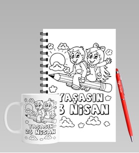 23 Nisan Tasarımlı Kişiye Özel Ahşap Defter Kalem & Kupa Hediye Seti