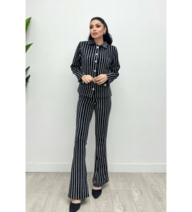Simli Krep Kumaş İspanyol Paça Pantolon - SİYAH