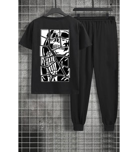 Unisex Skullcracked Baskılı 2'li Eşofman Takımı (Siyah)
