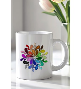 Renkli Mandala Çiçek Desenli 330ml Baskılı Beyaz Seramik Kupa Bardak