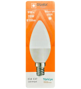 (1 Adet) Osaka 9W (70W) Beyaz Işık (6500K) E14 Duylu (İnce Duy) Led Mum Ampul