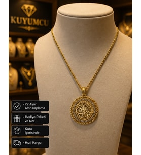22 Ayar Altın Kaplama Osmanlı Tuğra Desenli Taşlı Hediye Kolye