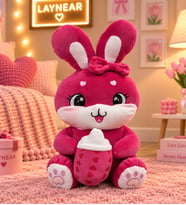 Sevimli Pembe Tavşan Biberonlu Peluş Oyuncak – Kalpli Fiyonklu Büyük Boy