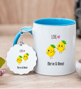 Kişiye Özel Sevimli Limonlar Mavi Kupa Bardak ve Anahtarlık