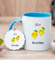 Kişiye Özel Sevimli Limonlar Mavi Kupa Bardak ve Anahtarlık