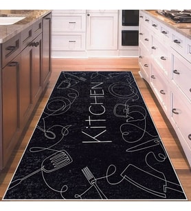 Siyah Kitchen Yazılı Yıkanabilir Kaymaz Taban Leke Tutmaz Modern Salon Halısı ve Yolluk