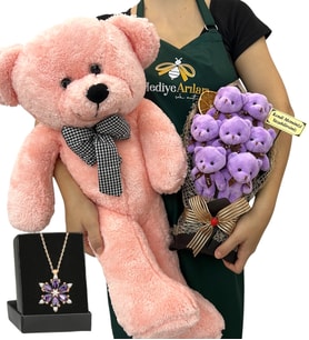 Kişiye Özel 7'li Peluş Ayıcık Buketi, Gerçek Ametist Taşlı Lotus Kolye ve Pembe Ayıcık (Model 4)