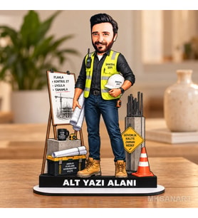 Kişiye Özel Erkek Santiye Sefi Kisiye Karikatürlü 18 cm MDF Masaüstü Biblo - Erkek Santiye Sefi Kisiye Hediyesi Yeni İş ve Meslek Hediyesi