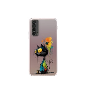 Huawei P Smart 2021 ile Uyumlu Splash Kedi Tasarımlı Şeffaf Silikon Kılıf