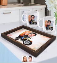 BK Gift Kişiye Özel Sevgililer Karikatürlü Doğal Ahşap Tepsi ve 2’li Kupa Bardak Seti-17