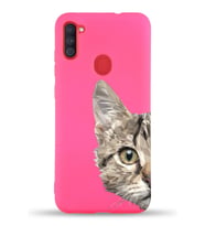 Samsung Galaxy M11 Uyumlu Lansman Kılıf Catface Tasarımlı İçi Kadife Kapak-Neon Pembe (Şeffaf)