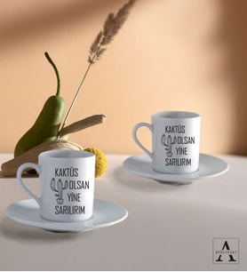 Kaktüs Olsan Yine Sarılırım Tasarımlı 2'li Türk Kahvesi Fincan Seti