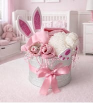 SİLİNDİR KUTUDA SEVİMLİ TAVŞAN YENİ DOĞAN KIZ BEBEK 3'LÜ TEKSTİL HEDİYE KUTUSU (Pembe-Beyaz)