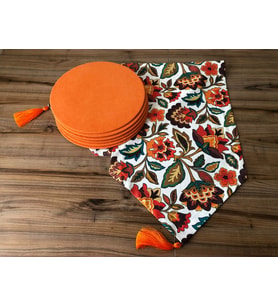 ÇİÇEKLİ ŞAL DESENLİ RUNNER & TURUNCU DÜZ SUPLA (Krem)