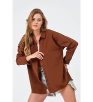 Kadın Kahverengi Oversize Uzun Basic Gömlek