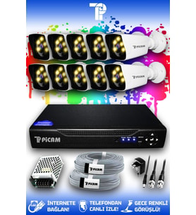 PICAM 10 Kameralı Kare 10 Dış Kamera Set HDD'siz Full HD Renkli Gece Görüşlü Güvenlik Kamerası Sistemi
