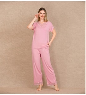 Amora Secret Viskon Şık Tasarım Dantel İşlemeli Pembe Kısa Kol Pijama Takımı