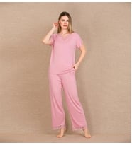 Amora Secret Viskon Şık Tasarım Dantel İşlemeli Pembe Kısa Kol Pijama Takımı