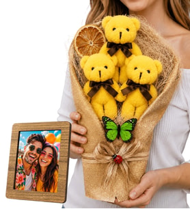 Peluş Ayıcık Buketi Hediyesi Ahşap Fotoğraf Çerçeveli Büyük Boy Sarı Peluş Ayıcık Buketi