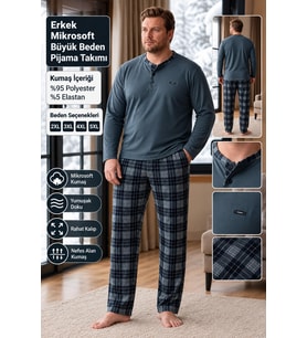 PJM Erkek Battal Beden Mikrosoft Düğmeli Yaka Kışlık Pijama Takımı 6415/1 - 1 Adet