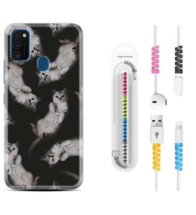 Samsung M21 M22 M23 M30 M31S M32 Kılıf Kablo Koruma Spiral Silikon Sevimli Kedicikler 1785
