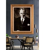Altın Varaklı Çerçeveli Paspartulu Atatürk Tablo nh62 (Gold)