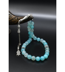 Doğal AQUA MARİN (Aquamarine) Taşlı 33'lük Tesbih Metal Püsküllü 10mm Küre Kesim 902254