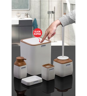 Ahşap Desenli Çizgili  Banyo Seti - Beyaz 5'li