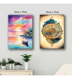gün batımı tekne deniz pusula tablo resim kanvas 2 adet 50x70