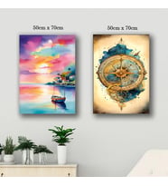 gün batımı tekne deniz pusula tablo resim kanvas 2 adet 50x70