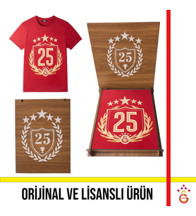 Galatasaray Lisanslı 2025 Şampiyonluk Kırmızı Özel Yetişkin T-Shirt Şampiyonluk Özel Ahşap Kutulu