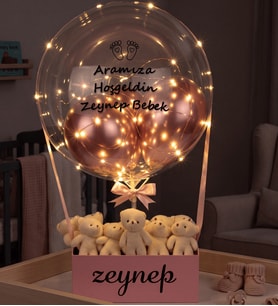 Kişiye Özel Işıklı Balon Kutusu – 10 Ayıcıklı & Krom Balonlu Bebek Tebrik ve Doğum Günü Hediyesi