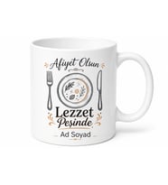Çatal Bıçak ve Tabak Çizimli Afiyet Olsun Lezzet Peşinde Kupa Bardak Hediye