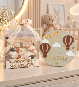 YENİ DOĞAN KIZ-ERKEK BEBEK 5'Lİ TEKSTİL HEDİYE KUTUSU-KİŞİYE ÖZEL İSİMLİ UÇAN BALON KAPI-DUVAR SÜSÜ HEDİYELİ (Krem)