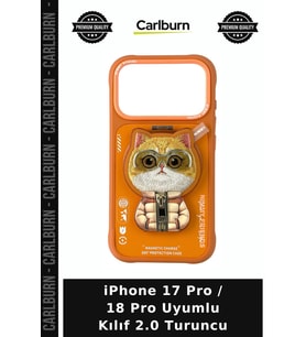 iPhone 17 Pro / 18 Pro Uyumlu Kılıf 2.0 Turuncu Mobil Aksesuar Fermuarlı Kedi Figürlü