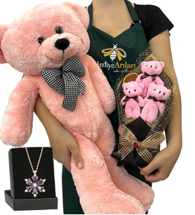 Premium Hediye Seti - Ametist Taşlı Lotus Kolye, 3'lü Ayıcık Buketi ve Pembe Peluş Ayıcık (Model 5)